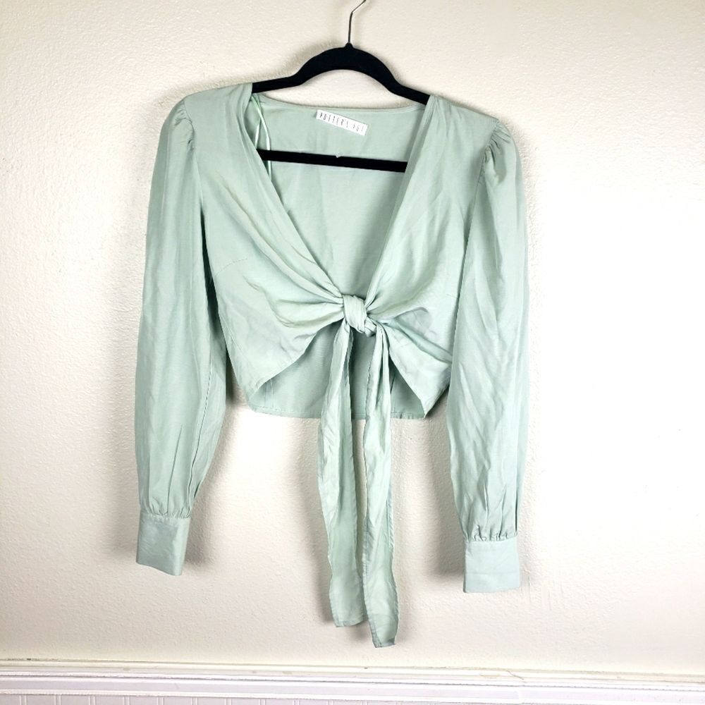 Potter's Pot Boho Mint Green Tie Front Crop Top Shacket Women's Small